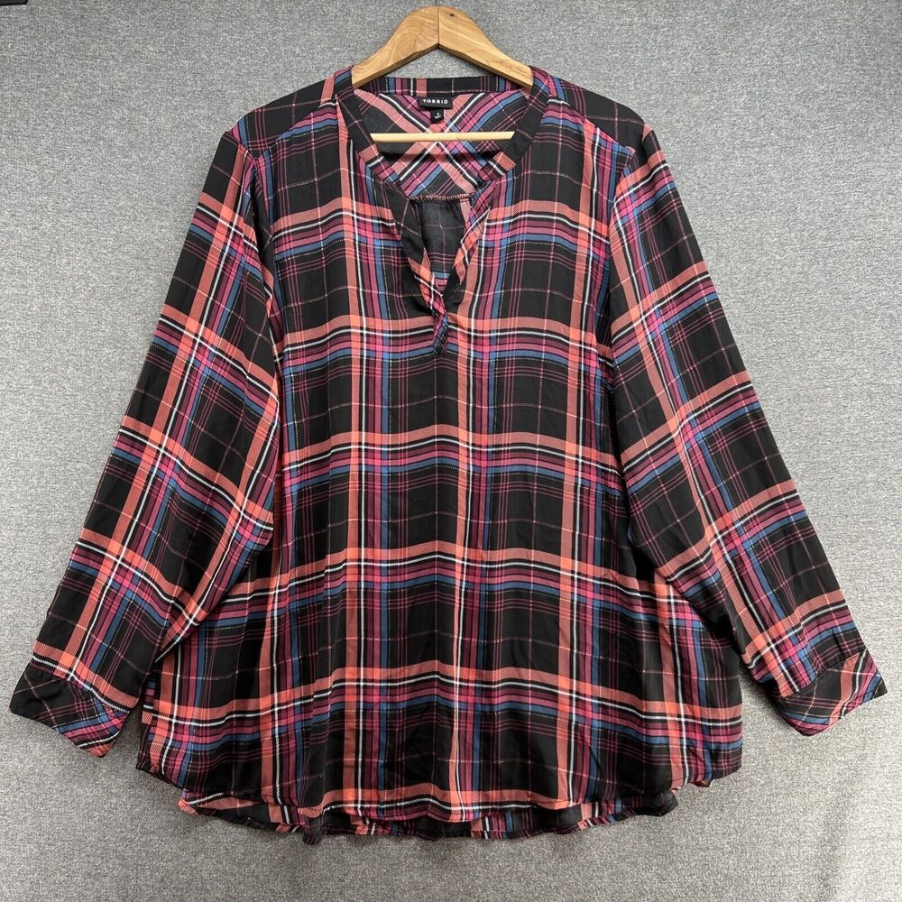 Torrid 3X Colorful Plaid Georgette High Low Blouse Long Sleeve Tunic Top Plus